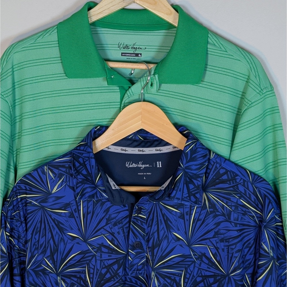 Lot of 2 Walter Hagen Mens Golf Polo Shirts Large Blue Tropical Green Stripe